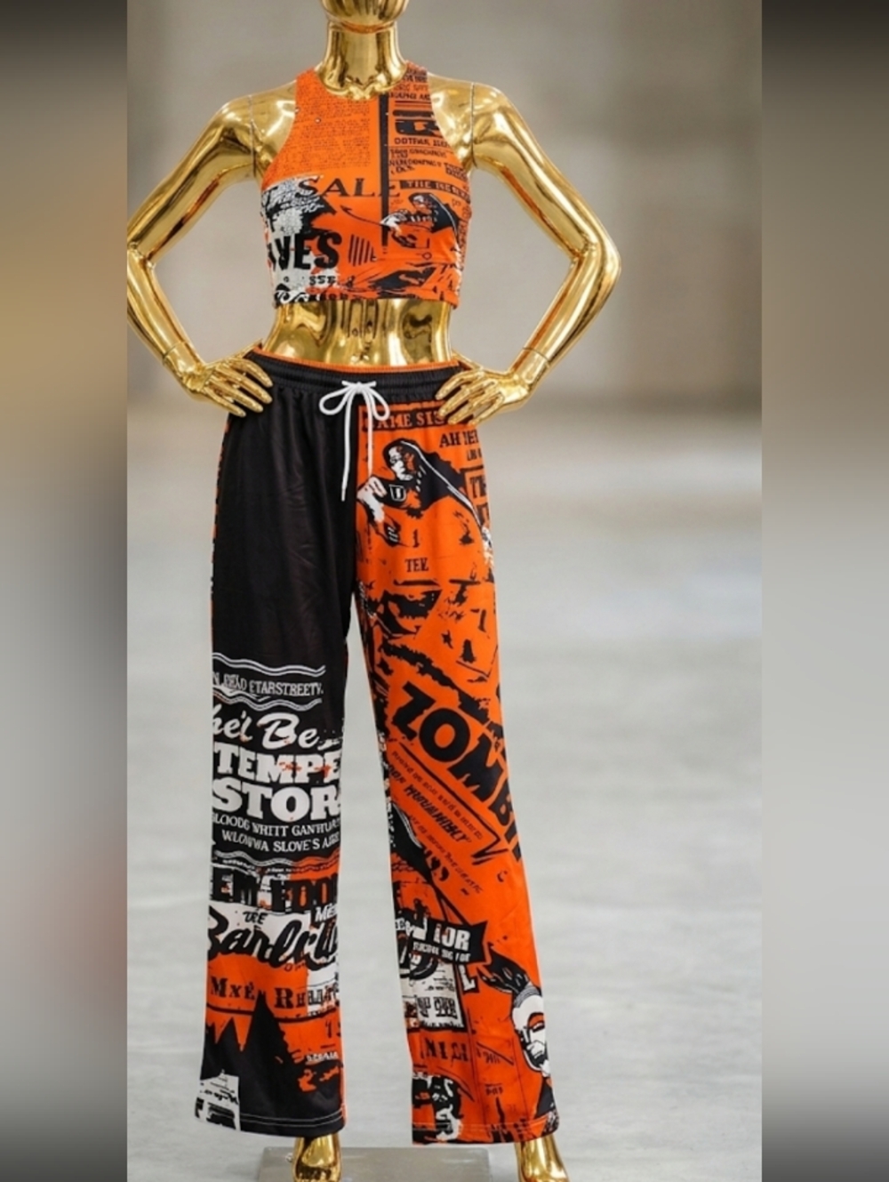Graphic Wide Leg Jumpsuit Set - Orange & Black 21 inch p2p 16 inch wide